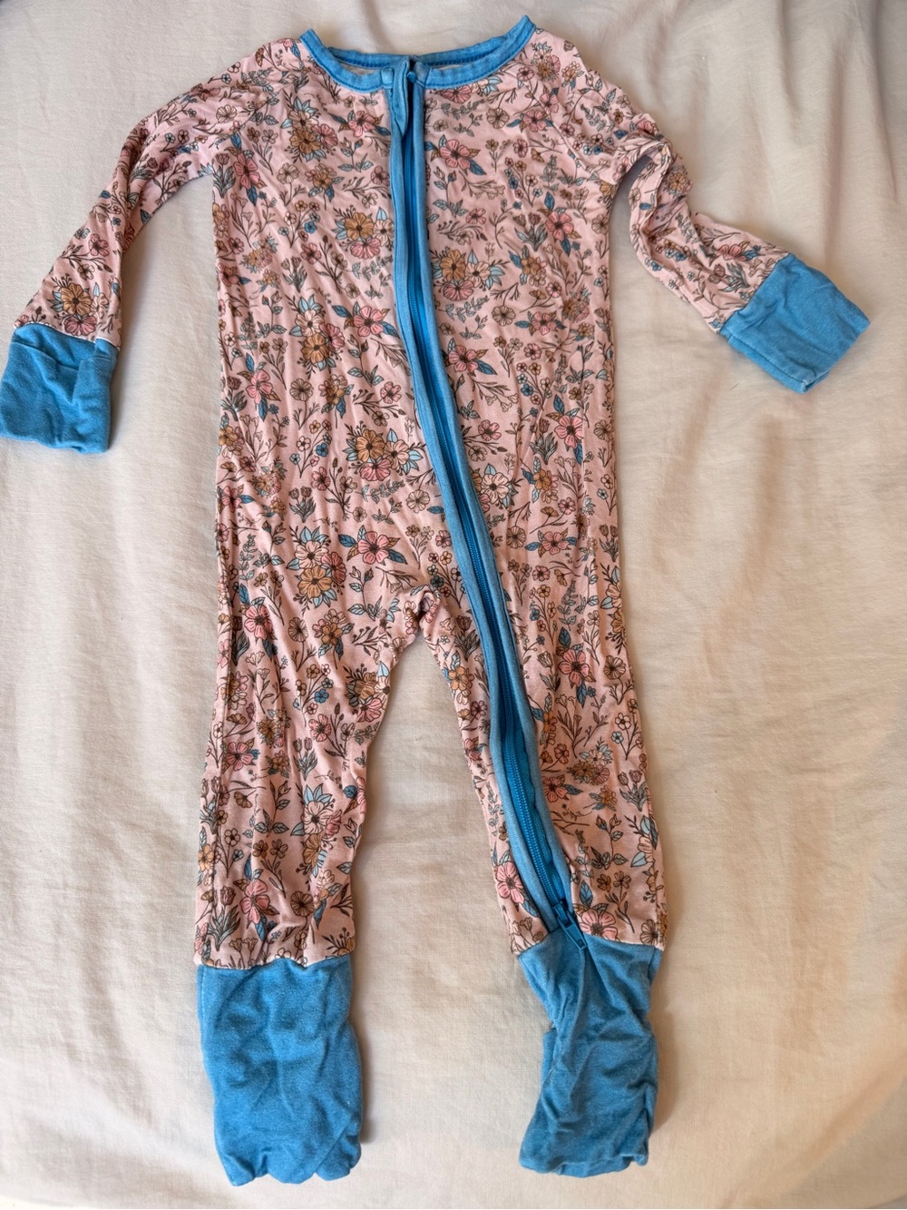 Bamboo Floral Zip-Front Footed One-Piece in Pink with Blue Trim